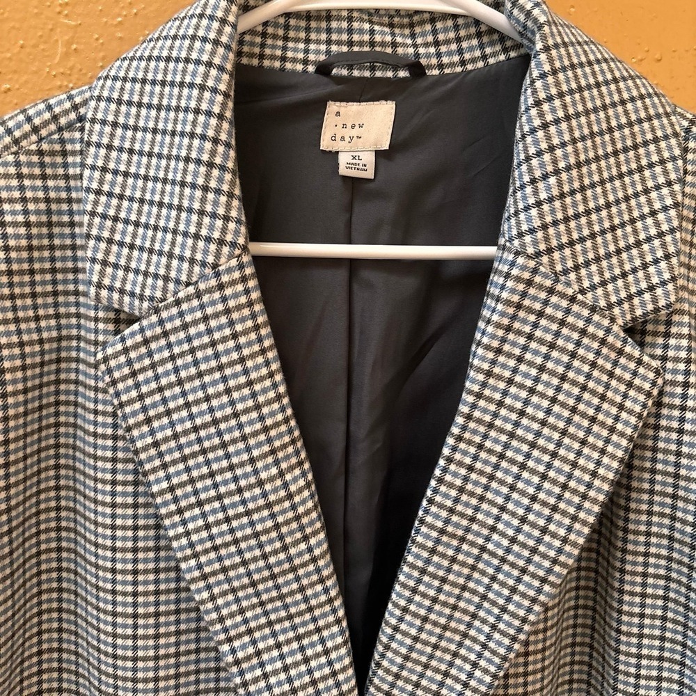 A New Day Womens Plaid Single Button Blazer Jacket XL Black White Blue VN1111626 - Picture 2 of 7